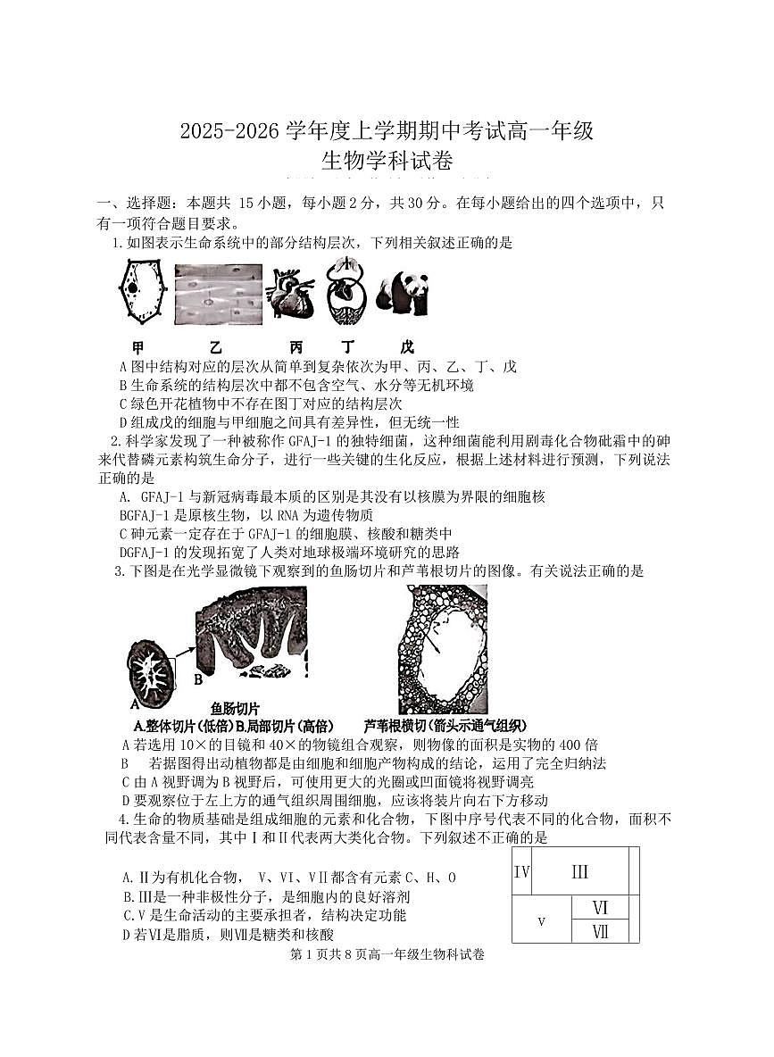 辽宁省大连市第24中学2025-2026学年第一学期高一生物期中试卷（含答案）第1页