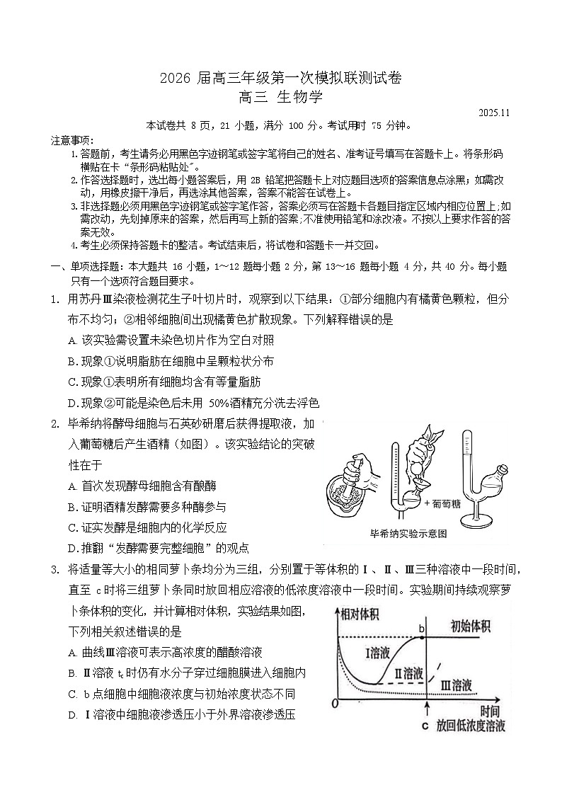 广东省深圳市2026届高三上学期高考第一次模拟考试生物试卷第1页