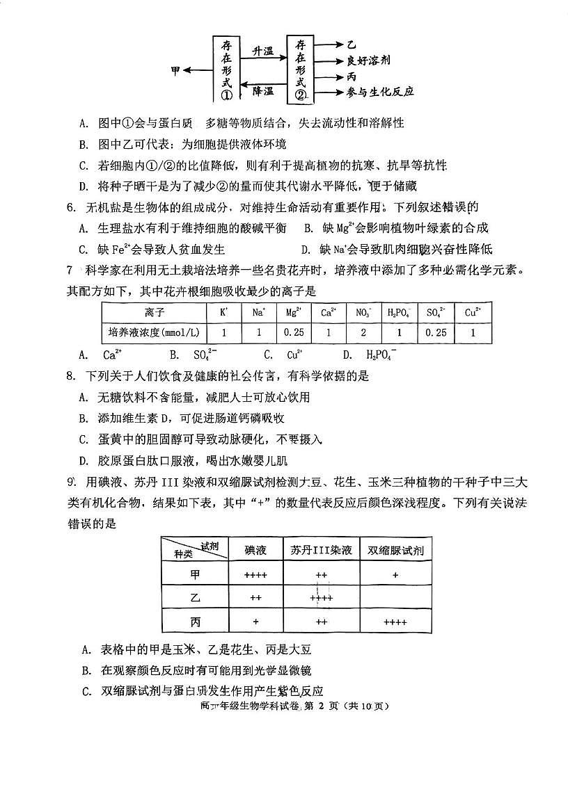 河北省石家庄市第一中学2025-2026学年高一上学期期中考试生物试题第2页