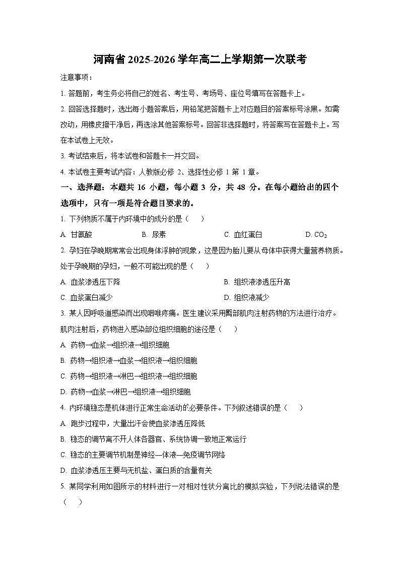 2025~2026学年河南省高二（上）第一次联考生物试题（学生版）第1页
