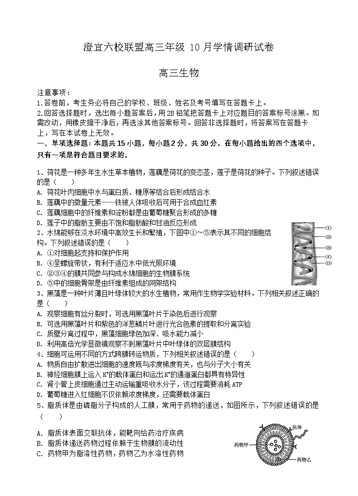 江苏省无锡市澄宜六校2025-2026学年高三上学期10月生物试题第1页