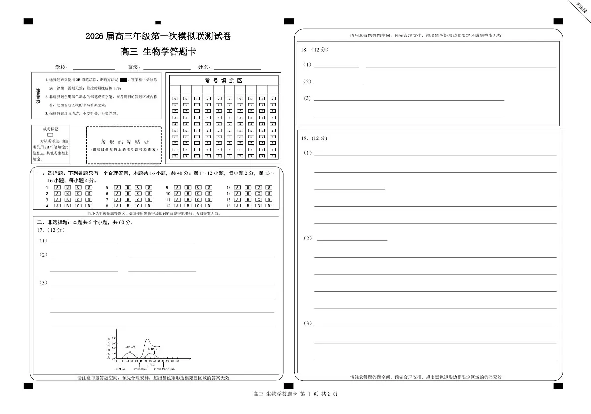 广东省深圳市一模2026届高三第一次模拟联测 生物答题卡第1页