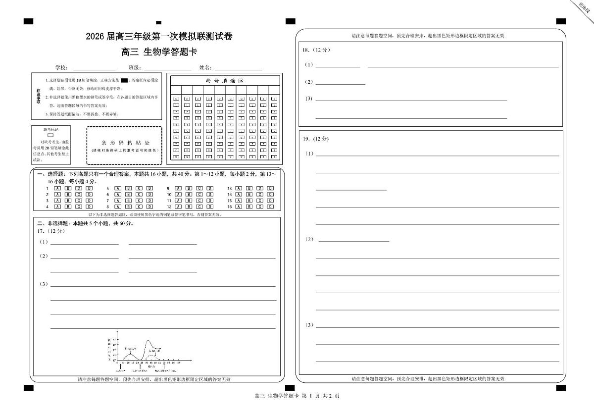 广东省深圳市一模2026届高三第一次模拟联测 生物答题卡第1页