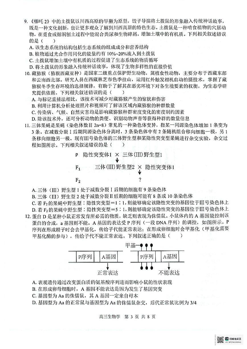 2026 届“贵百河一南宁二中、武鸣高中”8月高三摸底考试生物试卷第3页