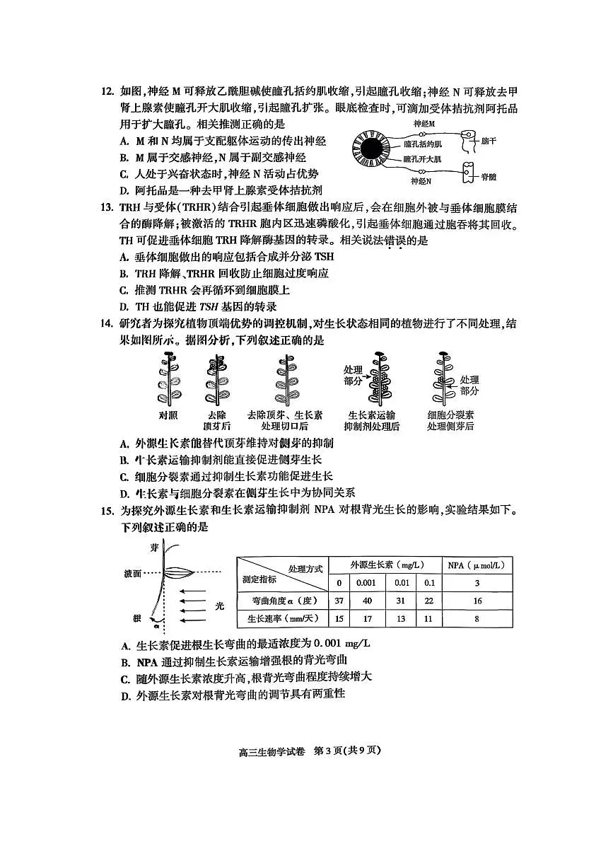 北京市朝阳区2026届高三上学期期中质量检测生物试题+答案第3页