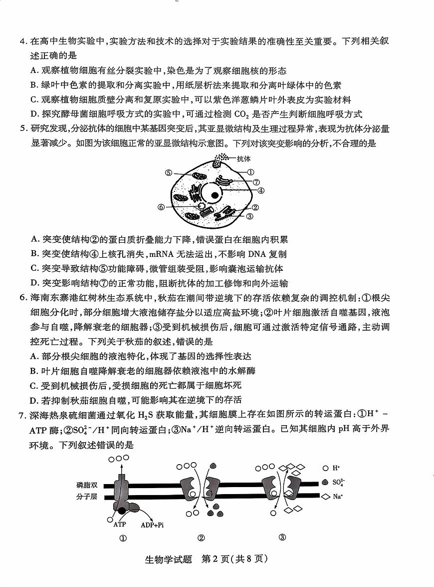 海南省天一大联考2026届高三上学期11月学业水平诊断（一）生物试卷+答案第2页