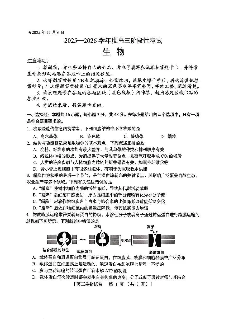 河南省三上学期门峡市2026届高三上学期11月阶段性考生物试卷+答案第1页