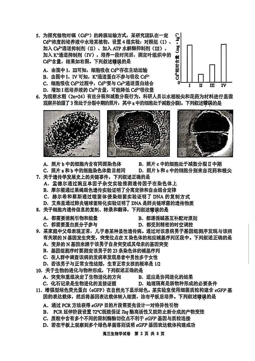 无锡市2025年秋学期高三期中教学质量调研测试生物第2页
