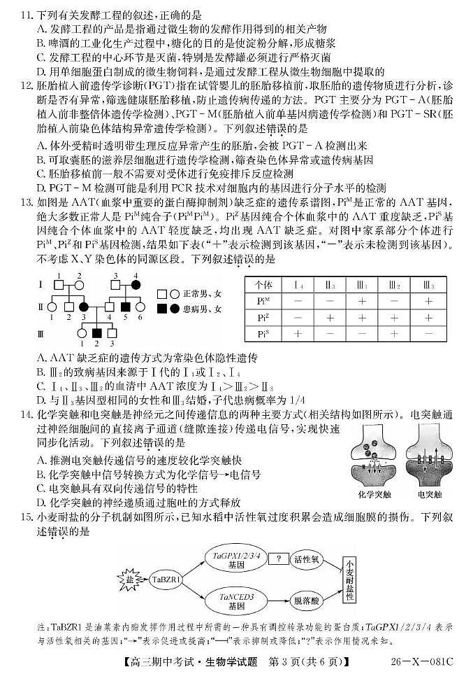 2025~2026学年度高三第一学期期中考试生物第3页