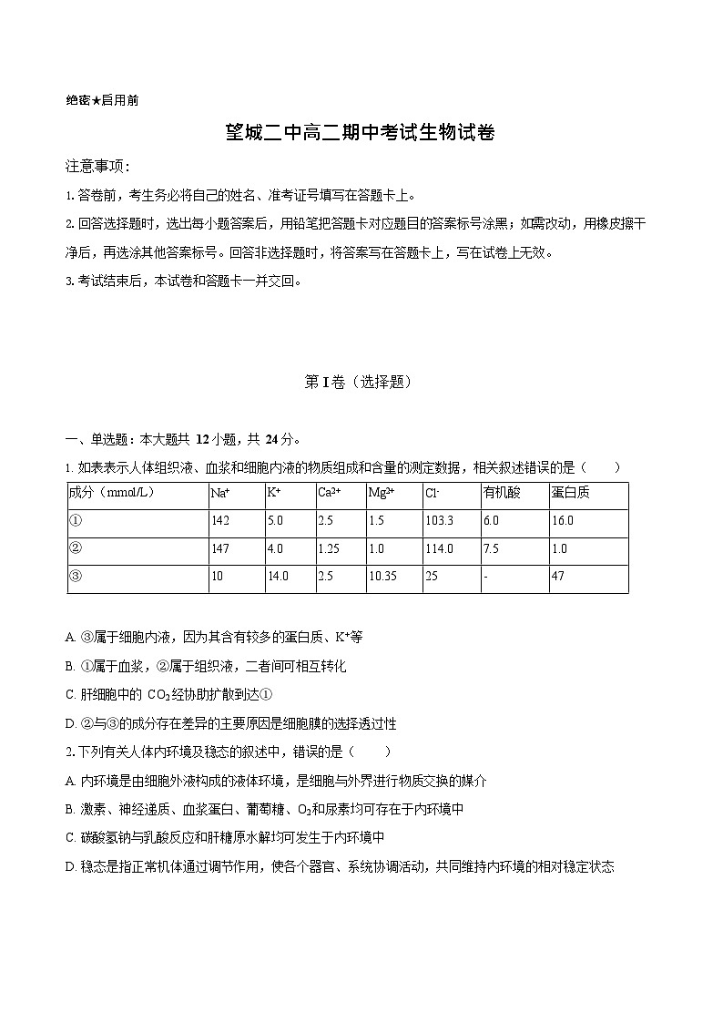 湖南省长沙市望城区第二中学2025-2026学年高二上学期11月期中考试生物试卷第1页
