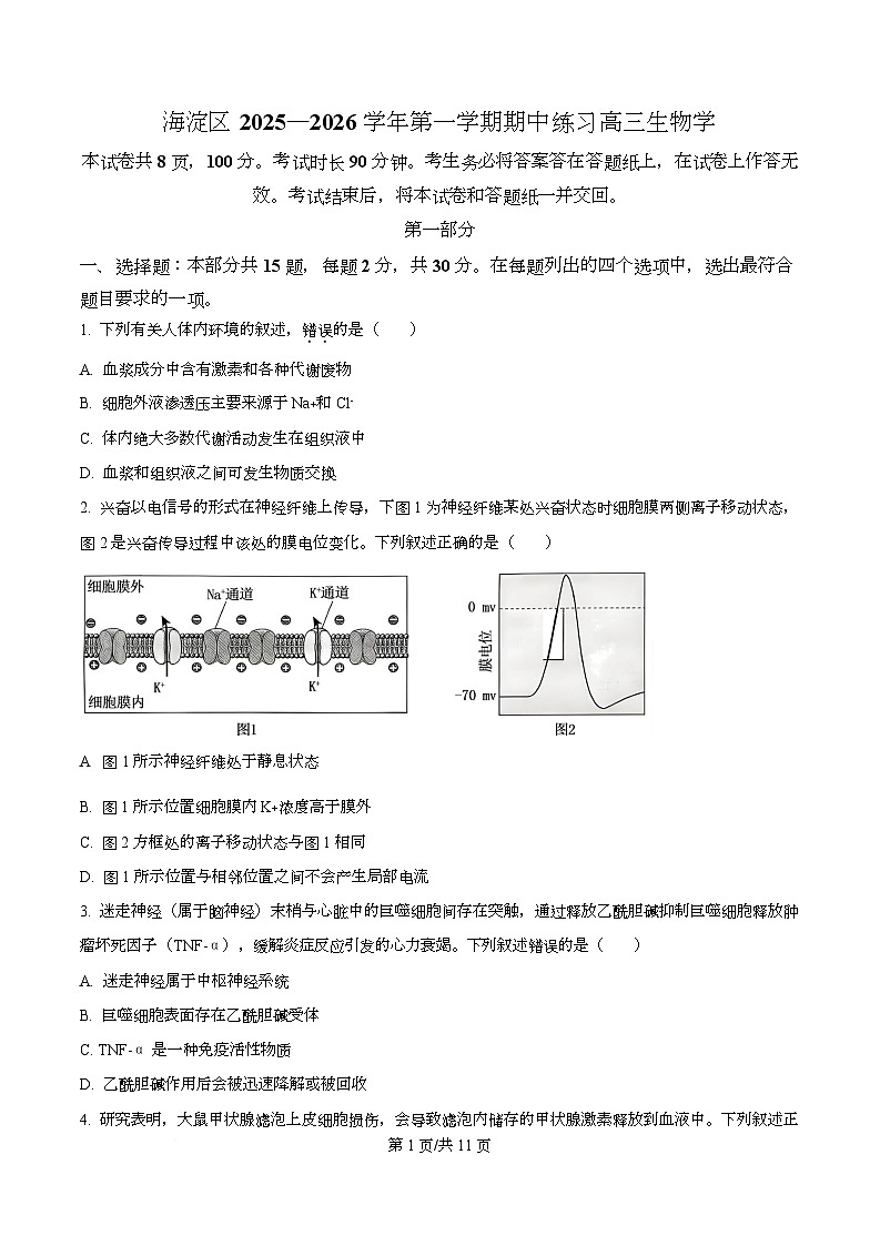 北京市海淀区2025-2026学年高三上学期期中生物试题  Word版无答案第1页