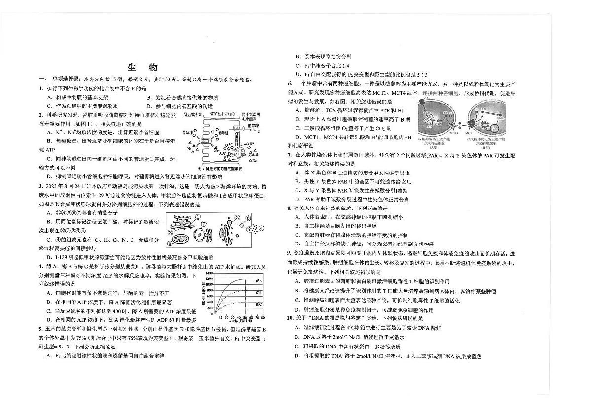 江苏省海安高级中学2024-2025学年高三上学期8月月考生物试题第1页