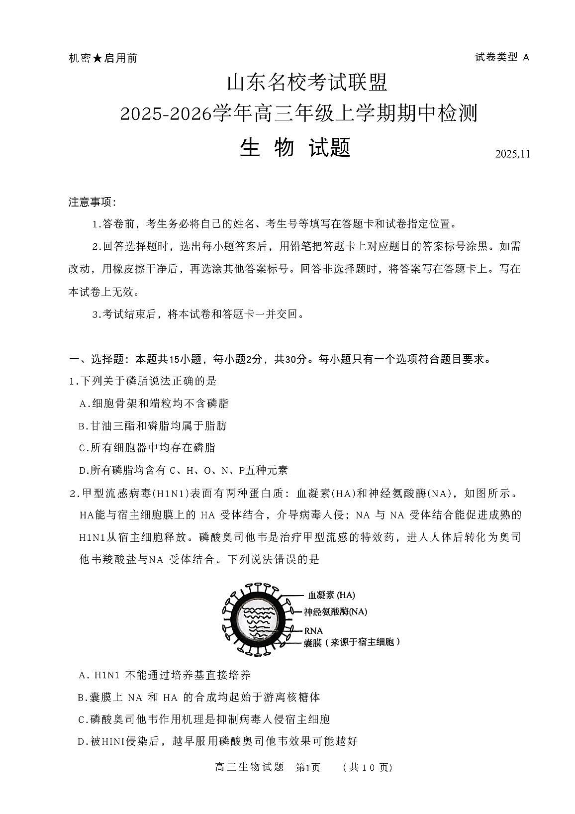 山东省名校联盟2025-2026学年高三上学期11月期中考试 生物试题第1页