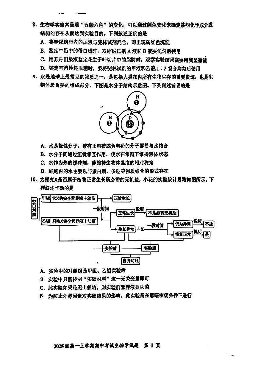 吉林省长春市东北师大附中2025-2026学年高一上学期期中生物试题第3页