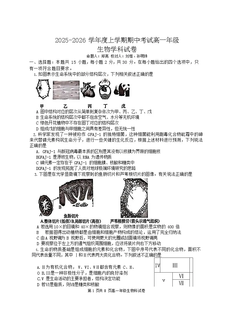 辽宁省大连市第二十四中学2025-2026学年高一上学期期中考试生物试卷第1页