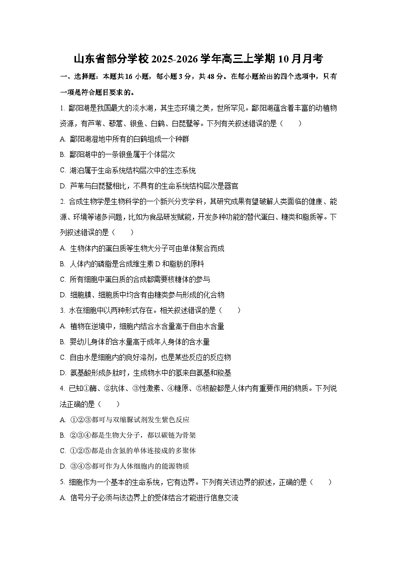 山东省部分学校2025-2026学年高三上学期10月月考生物试卷（学生版）第1页