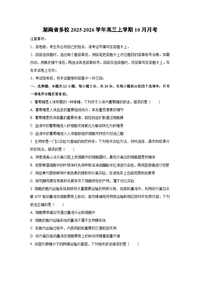 湖南省多校2025-2026学年高三上学期上10月月考生物试卷（学生版）第1页