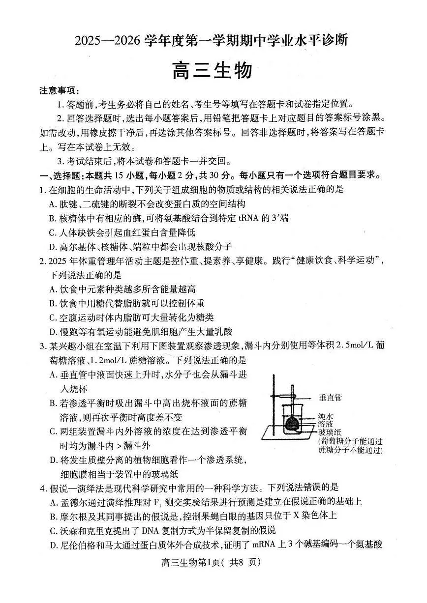山东省烟台市2026届高三上学期期中学业水平诊断 生物试题+答案第1页
