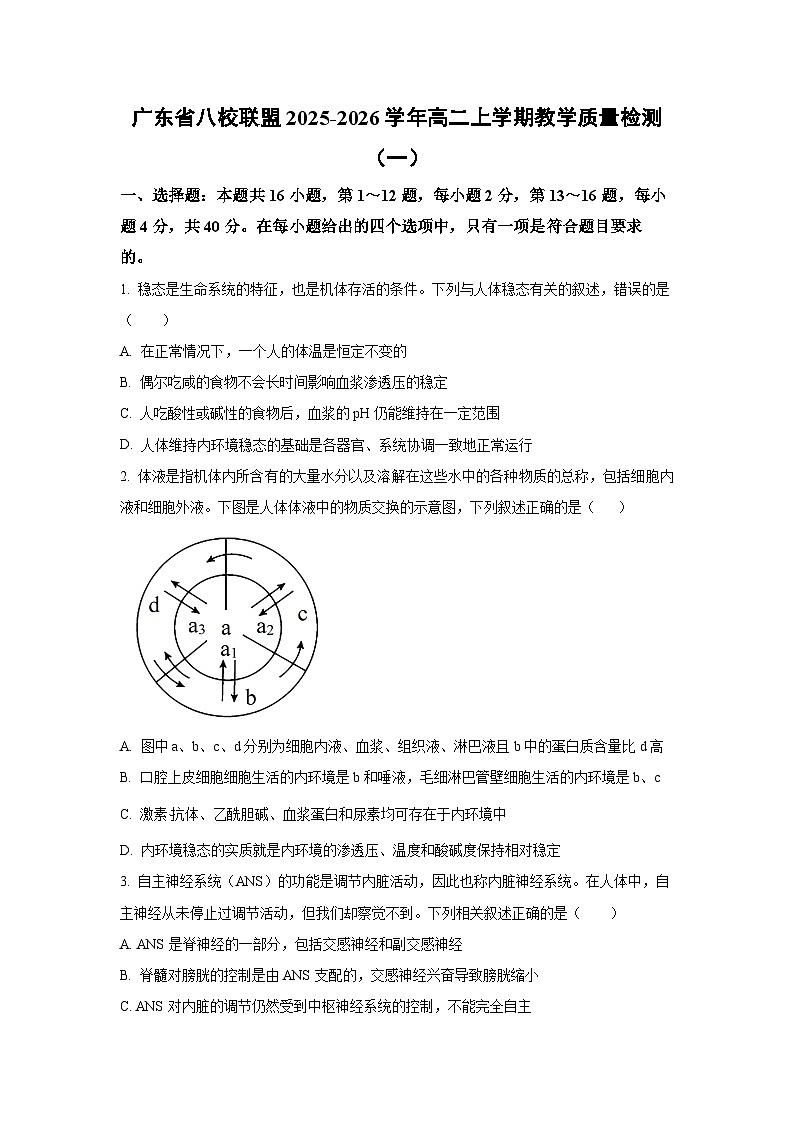 广东省八校联盟2025-2026学年高二上学期教学质量检测（一）生物试卷（学生版）第1页