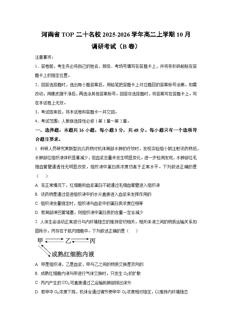 河南省TOP二十名校2025-2026学年高二上学期10月调研考试（B卷）生物试卷（学生版）第1页