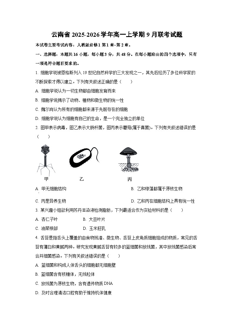 云南省2025-2026学年高一上学期9月联考生物试卷（学生版）第1页