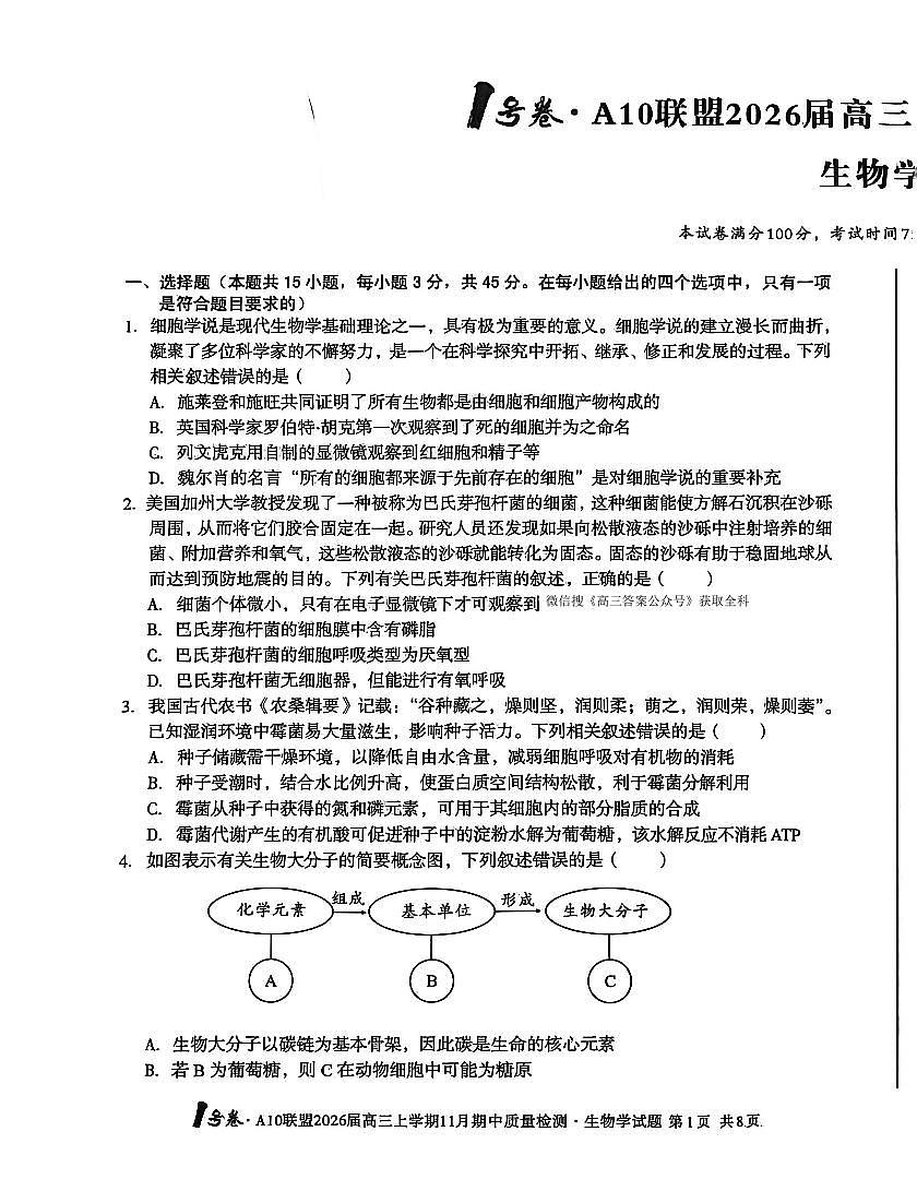 2025年A10联盟高三上学期11月生物试题无答案第1页