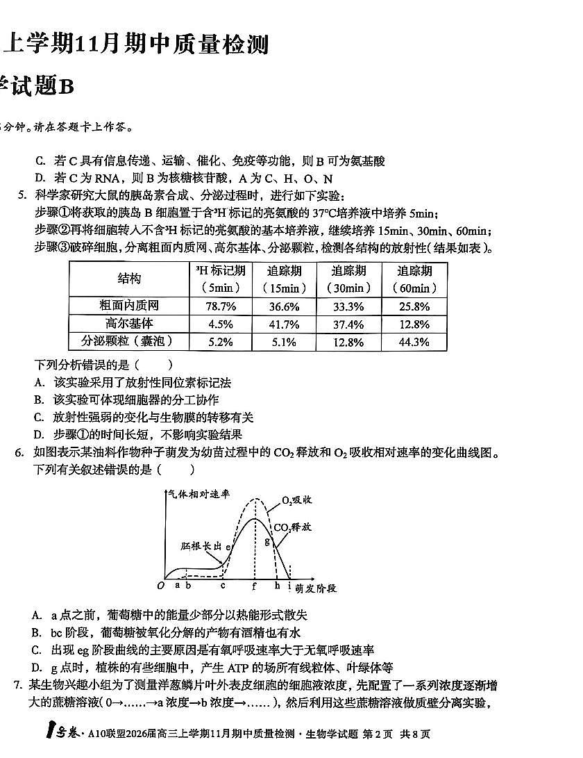 2025年A10联盟高三上学期11月生物试题无答案第2页