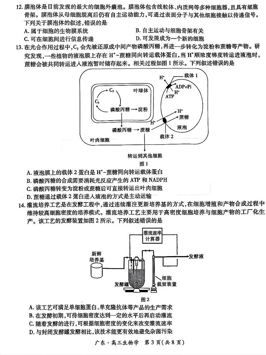 广东省上进联考2025-2026学年新高三秋季入学摸底考试生物试卷（无答案）第3页