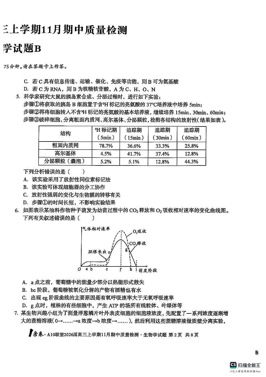 安徽省A10联盟2025-2026学年高三上学期期中考试生物试卷第2页