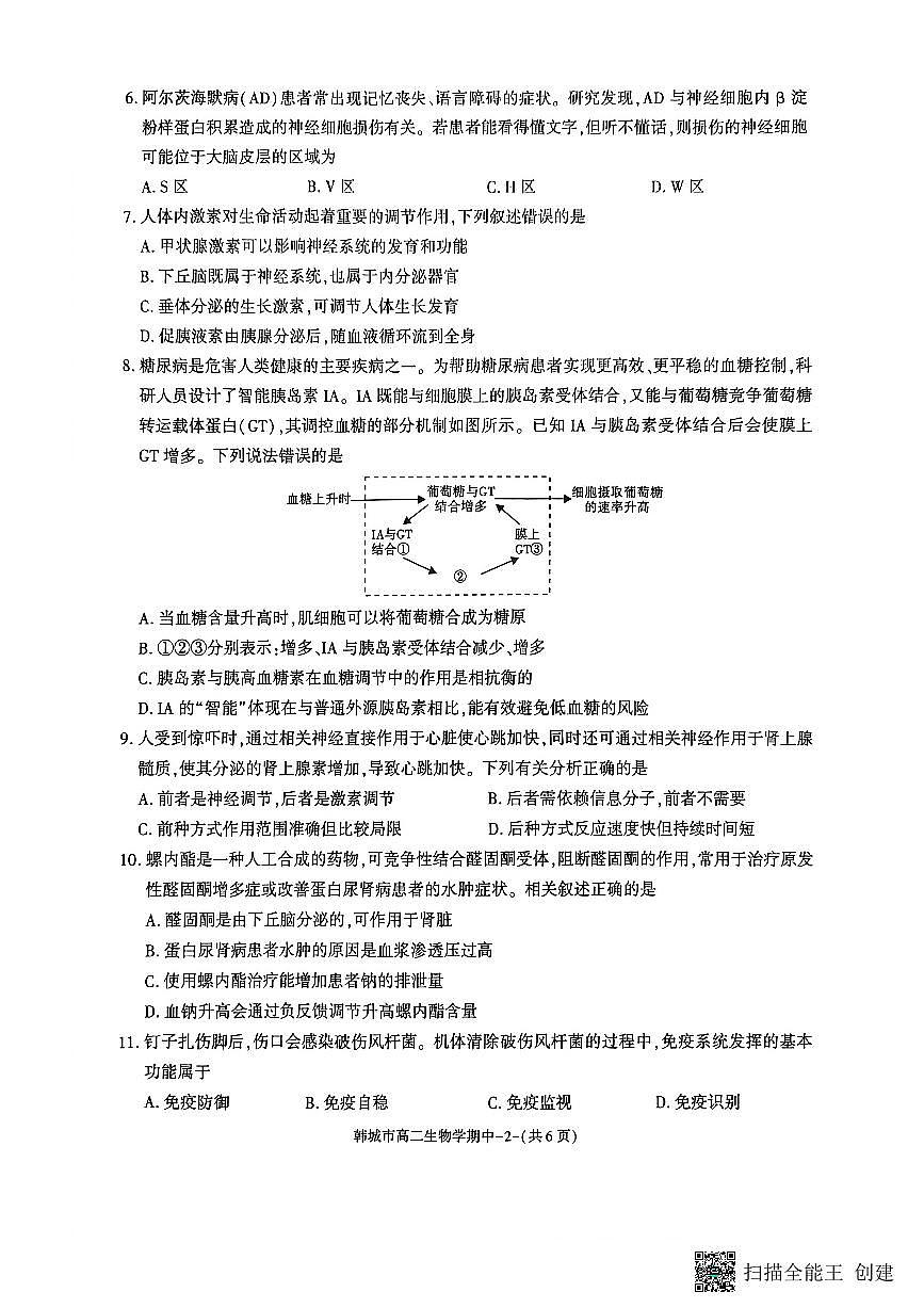 2025-2026年度第一学期陕西省韩城高二生物期中试卷第2页