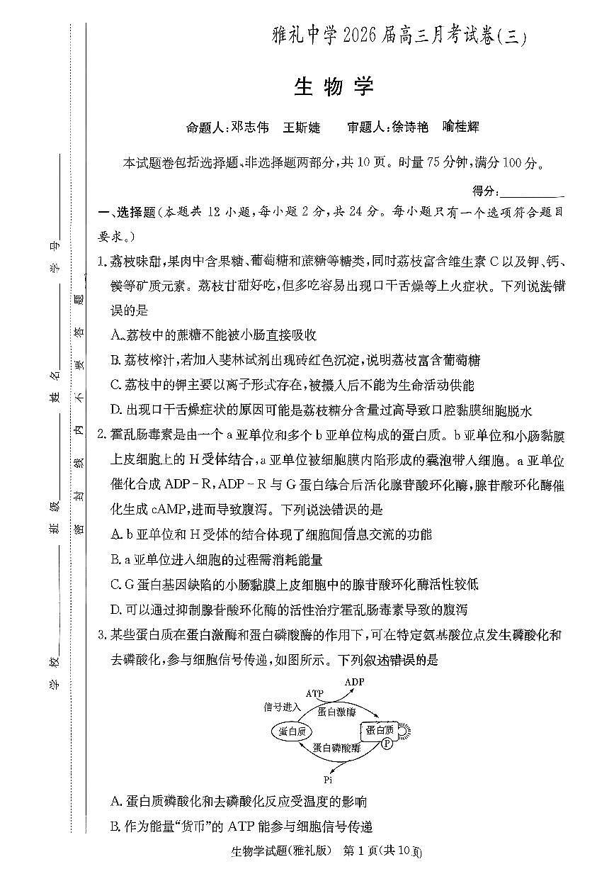 湖南省长沙市雅礼中学2025-2026学年高三上学期11月月考生物试题第1页