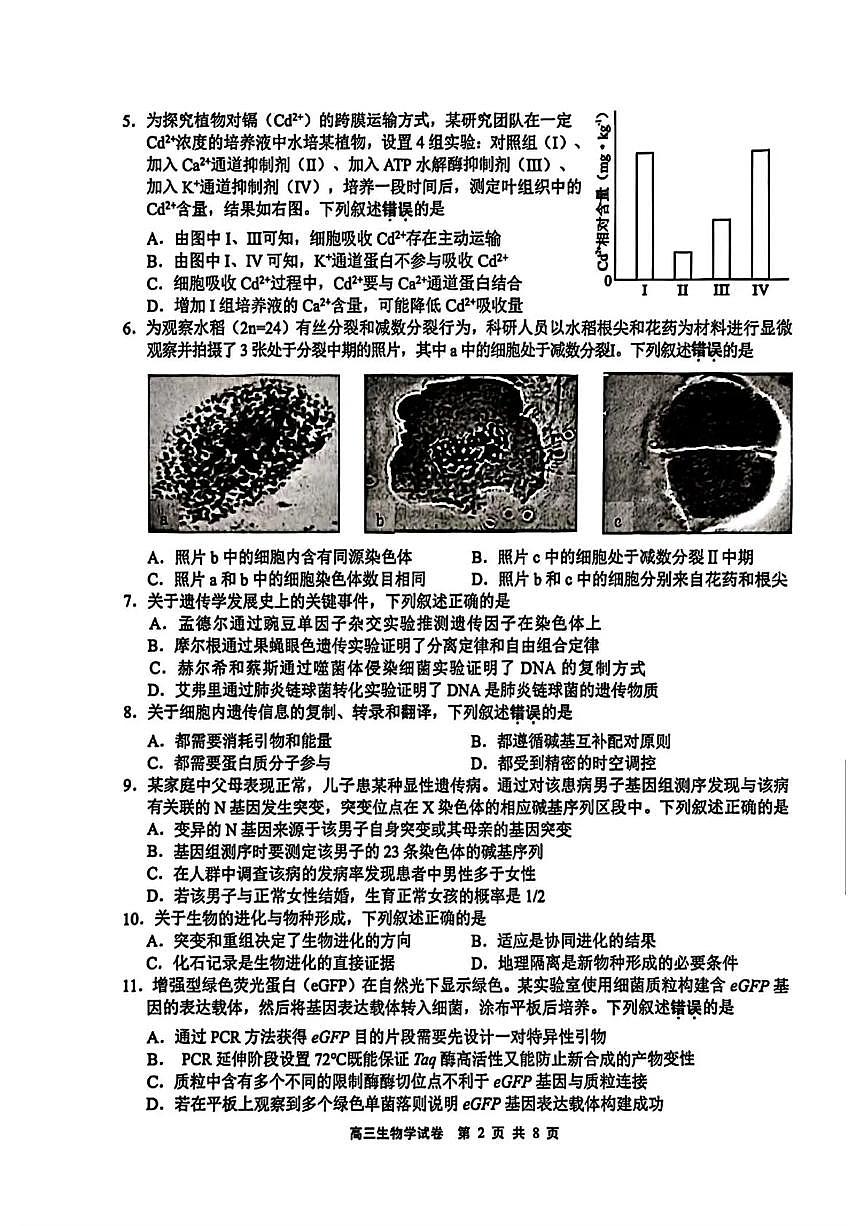 无锡市2025年秋学期高三期中教学质量调研测试生物第2页