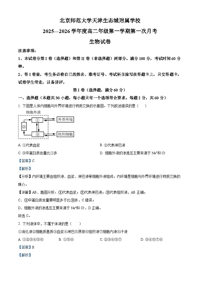精品解析：天津市滨海新区北京师范大学天津生态城附属学校2025-2026学年高二上学期10月月考生物试题（解析版）第1页