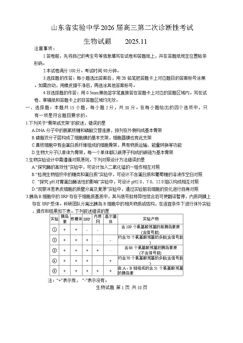 山东省实验中学2025-2026学年高三上学期第二次诊断性考试生物试题（含答案）第1页