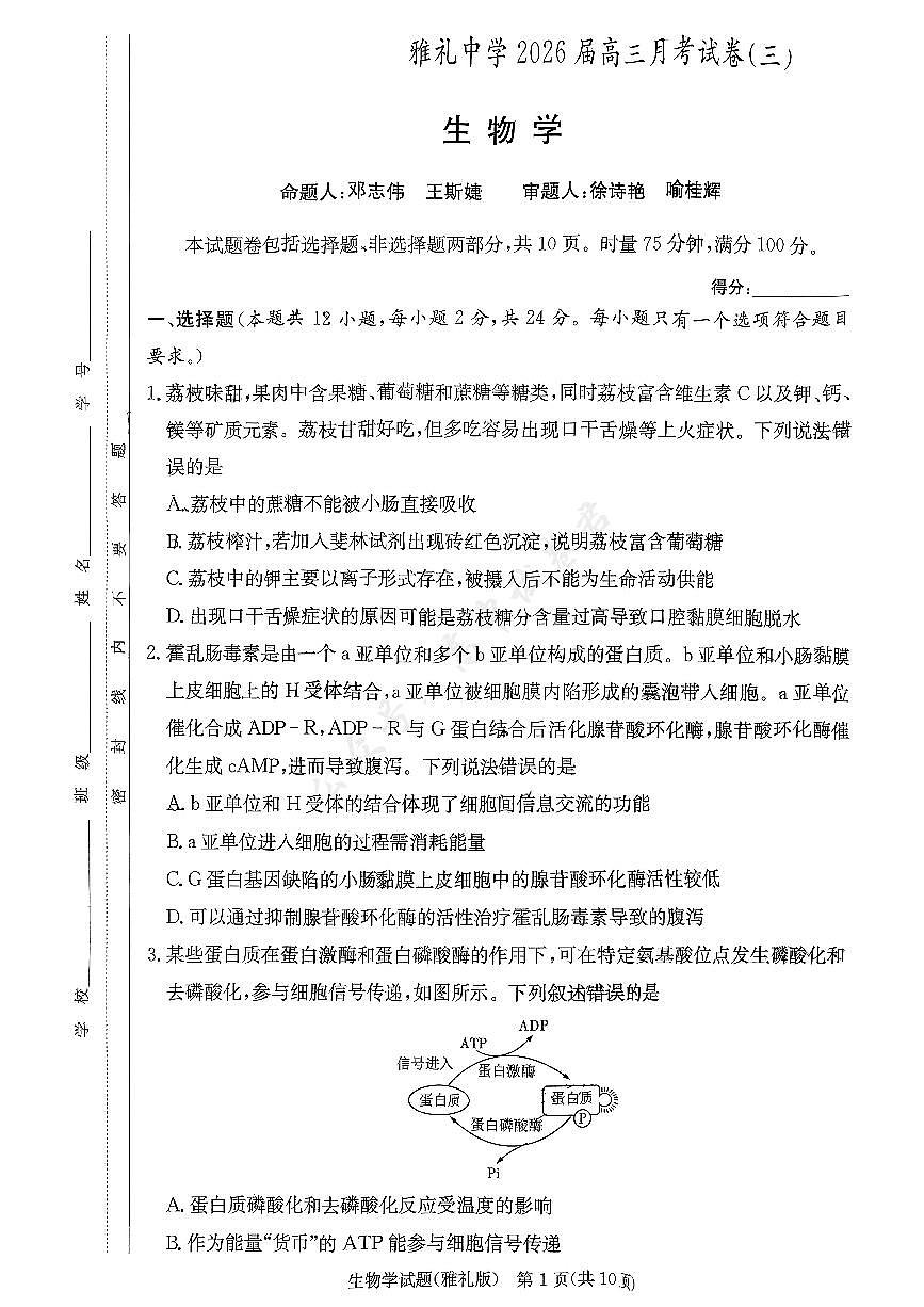 湖南省长沙市雅礼中学2025-2026学年高三上学期11月月考生物试题第1页