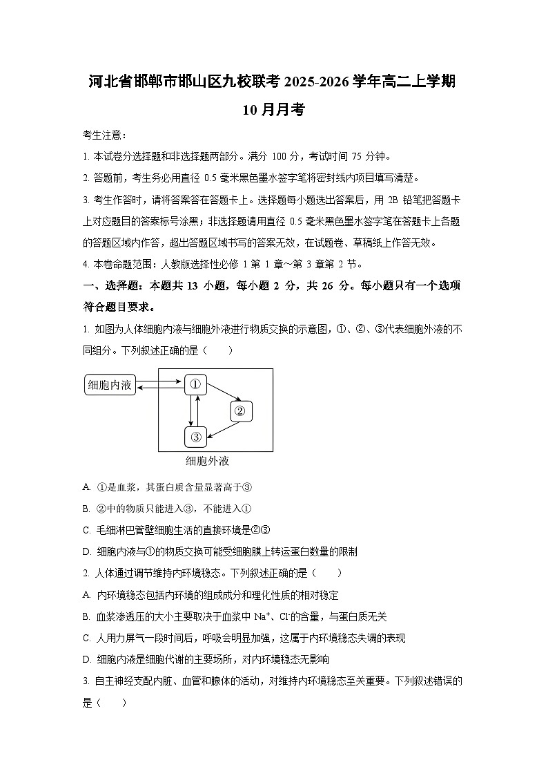 河北省邯郸市邯山区九校联考2025-2026学年高二上学期10月月考生物试卷（学生版）第1页