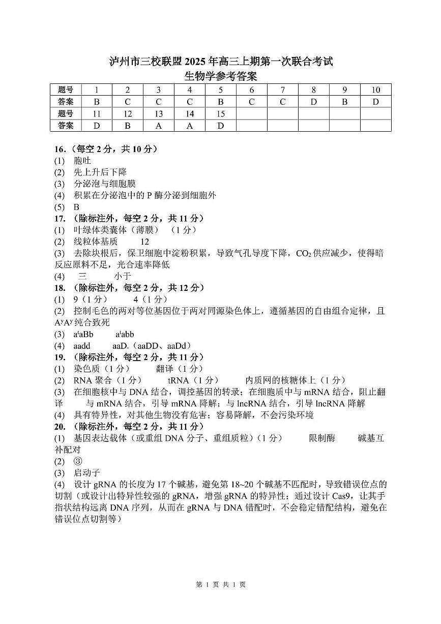 泸州市三校联盟2025年高三上期第一次联合考试生物答案第1页