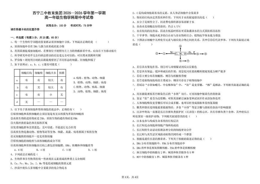 青海省西宁市二中教育集团2025-2026学年高一上学期期中考试生物试卷第1页