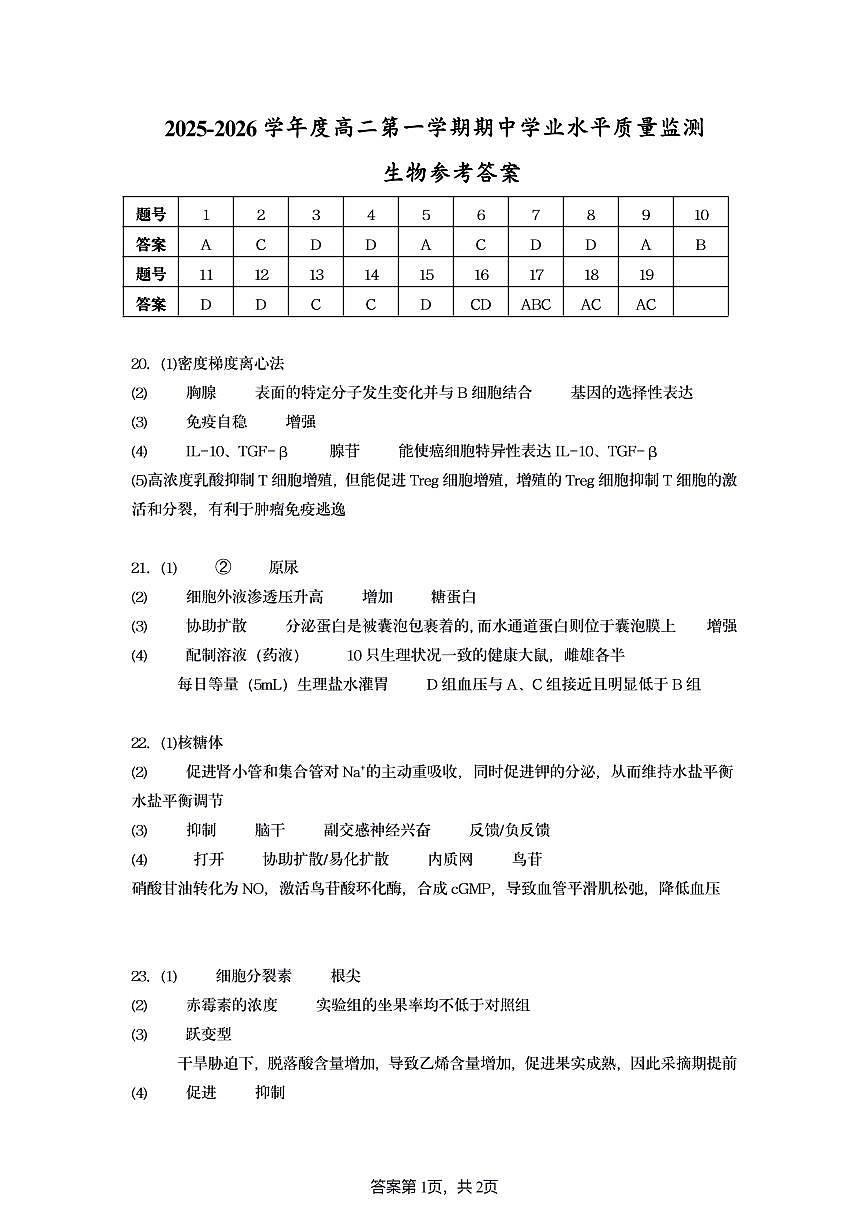 江苏省连云港市灌云县2025-2026学年高二上学期11月期中学业水平质量监测生物答案（PDF版）第1页