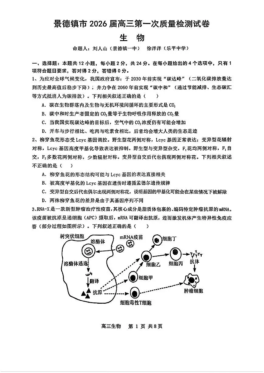 江西省景德镇市2026届高三上学期11月第一次质量检测生物试题+答案第1页