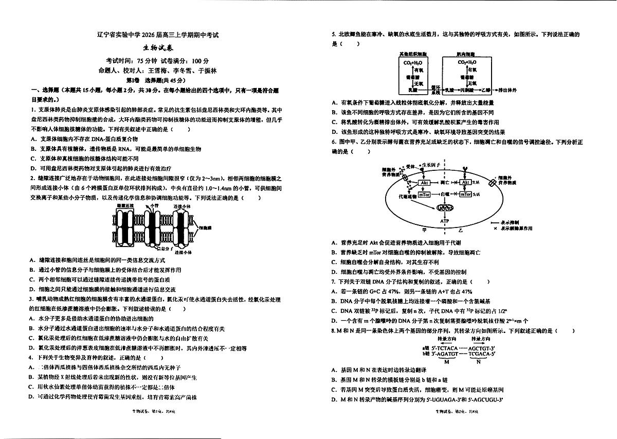 辽宁省实验中学2026届高三上学期11月期中考生物试题+答案第1页