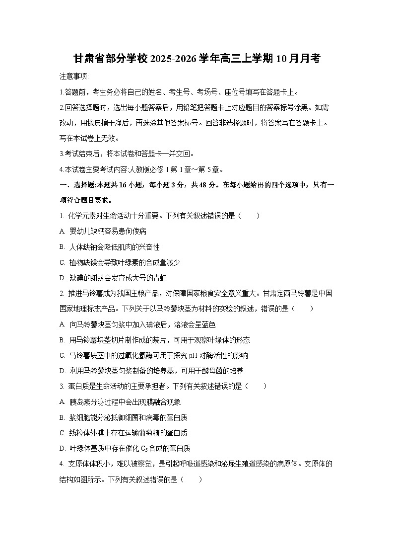 甘肃省部分学校2025-2026学年高三上学期10月月考生物试卷（学生版）第1页