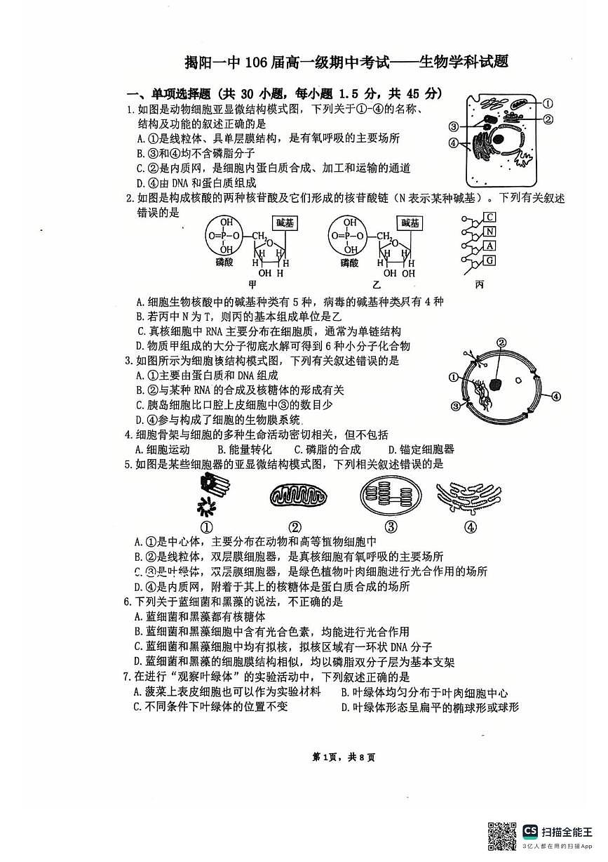 广东省揭阳第一中学2025—2026学年高一上学期期中考试生物试题第1页