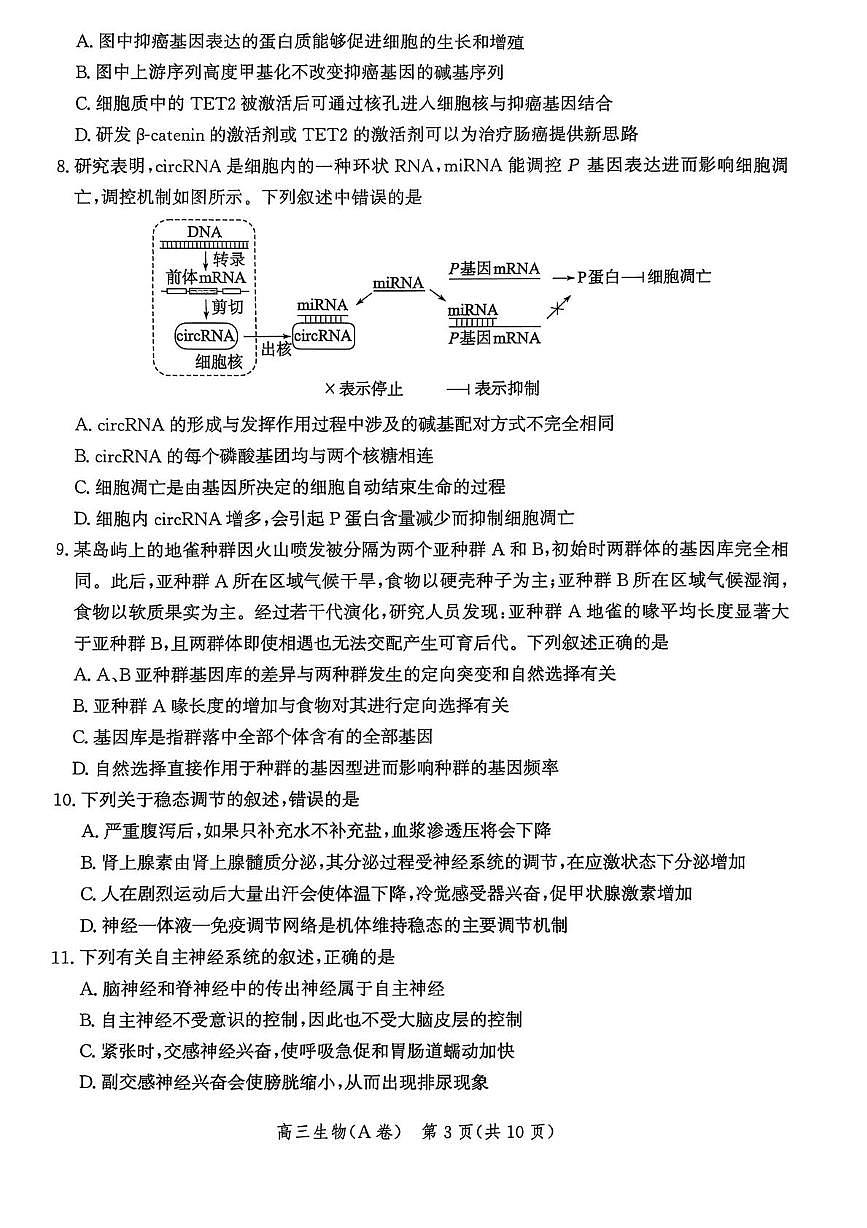 河北省多市联考2025-2026学年高三上学期11月期中生物试题A第3页