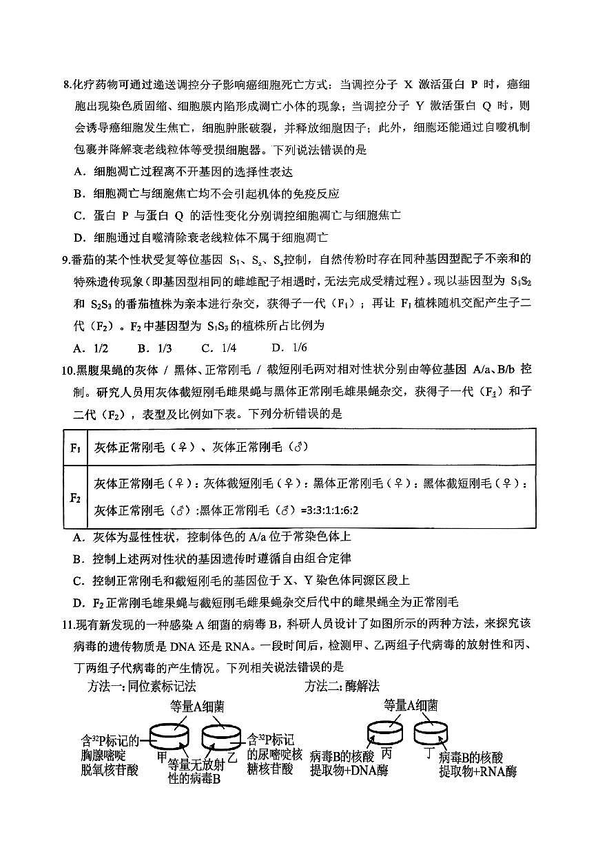 重庆九龙坡高2026届高三第一学期期中考试生物试卷（含答案）第3页