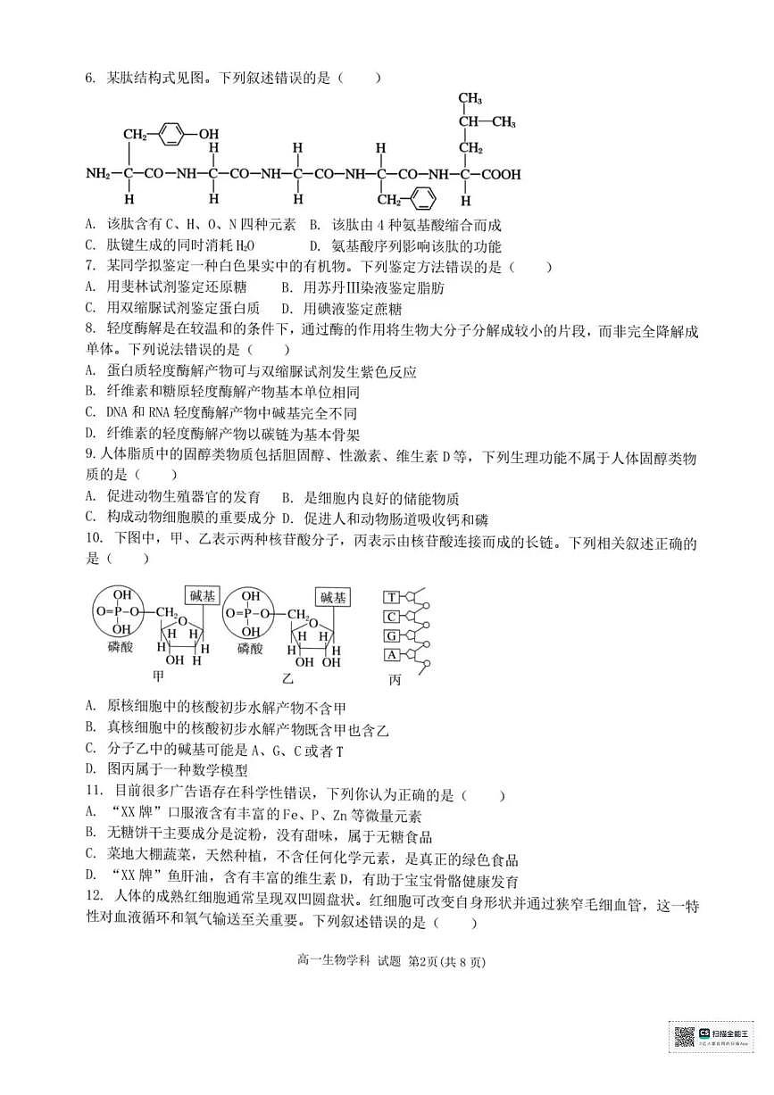 浙江省宁波六校联盟2025-2026学年高一上学期11月期中生物试题含答案第2页