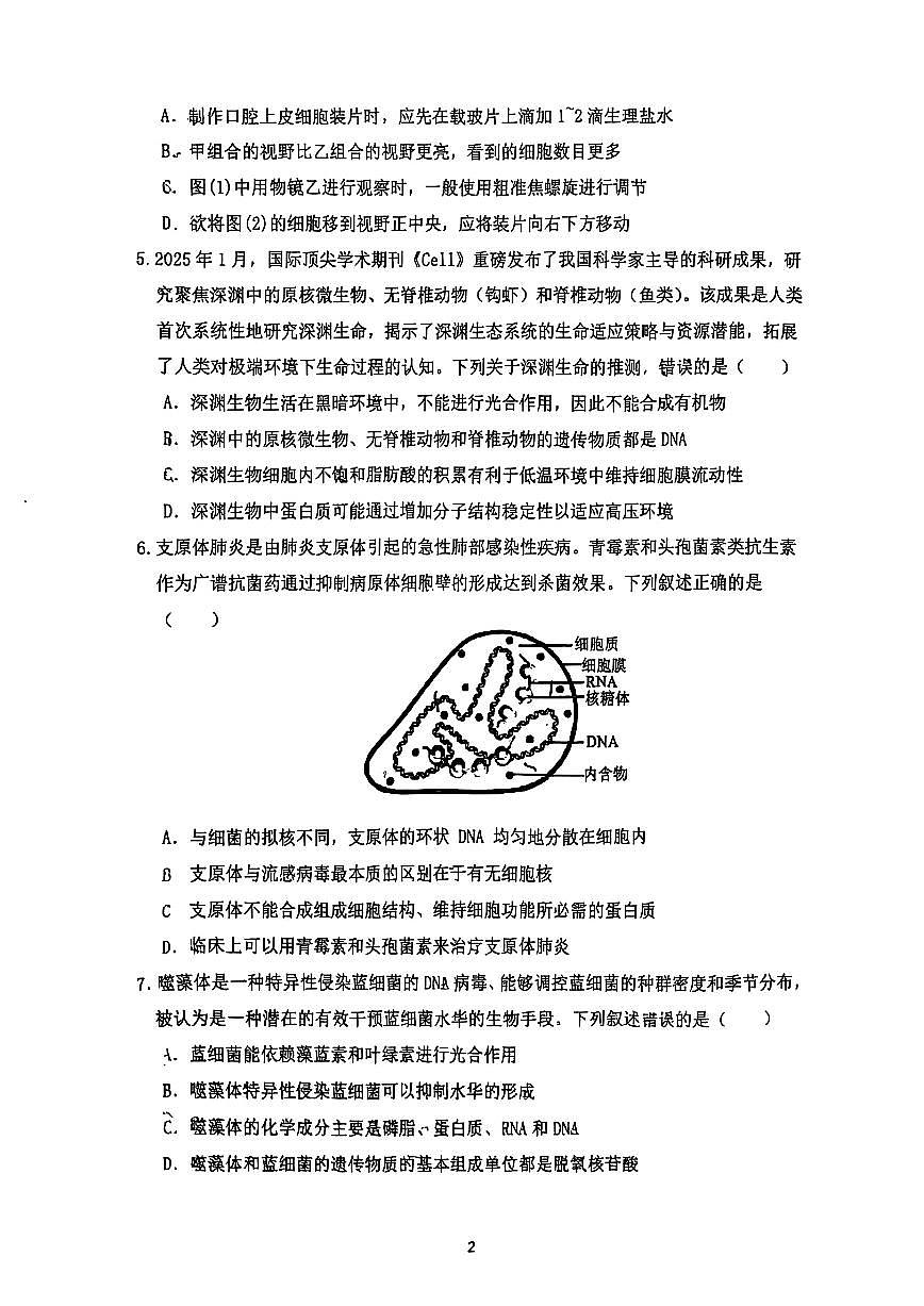 山东省实验中学2025~2026学年第一学期期中高一生物学试题（无答案）第2页