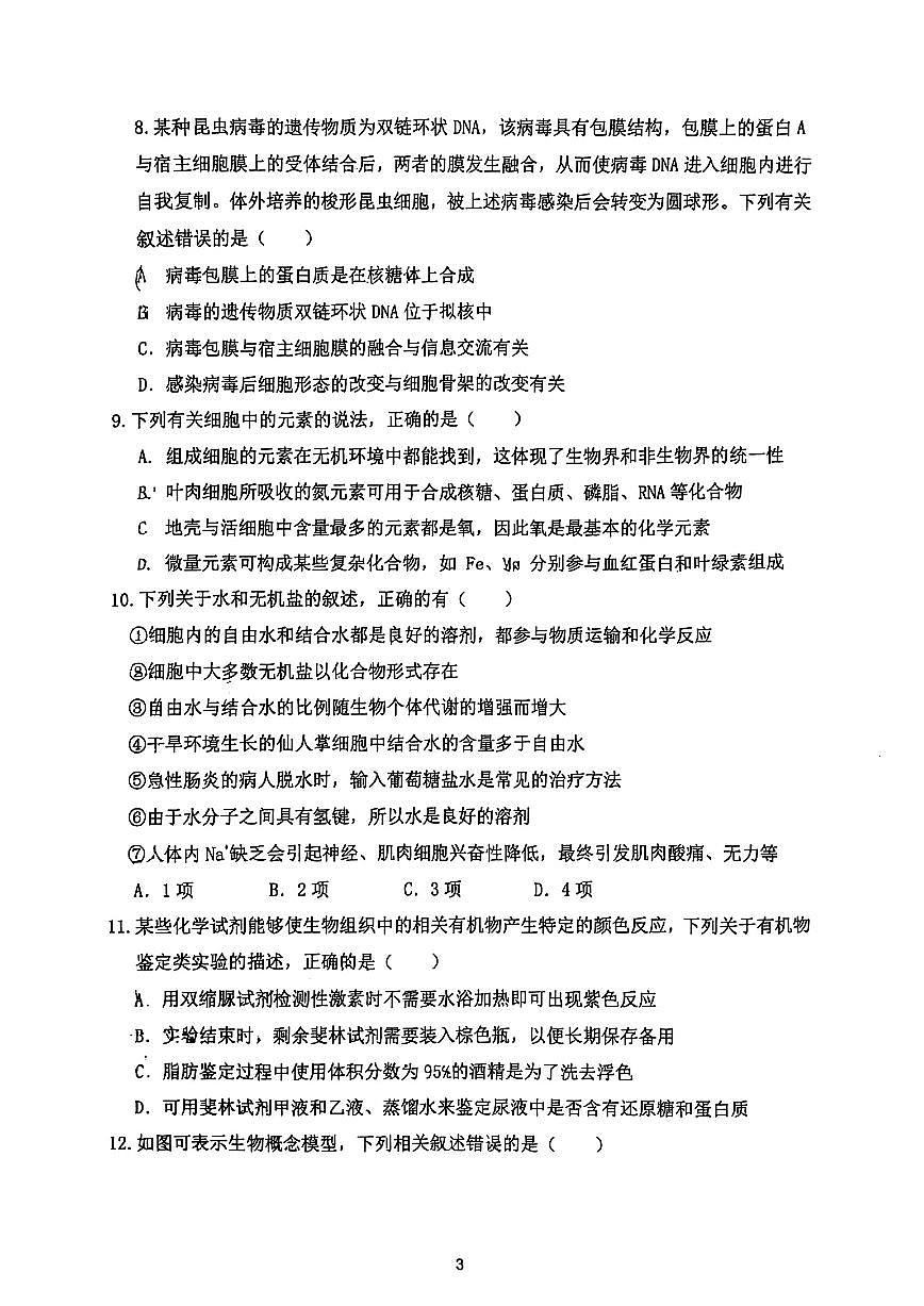 山东省实验中学2025~2026学年第一学期期中高一生物学试题（无答案）第3页