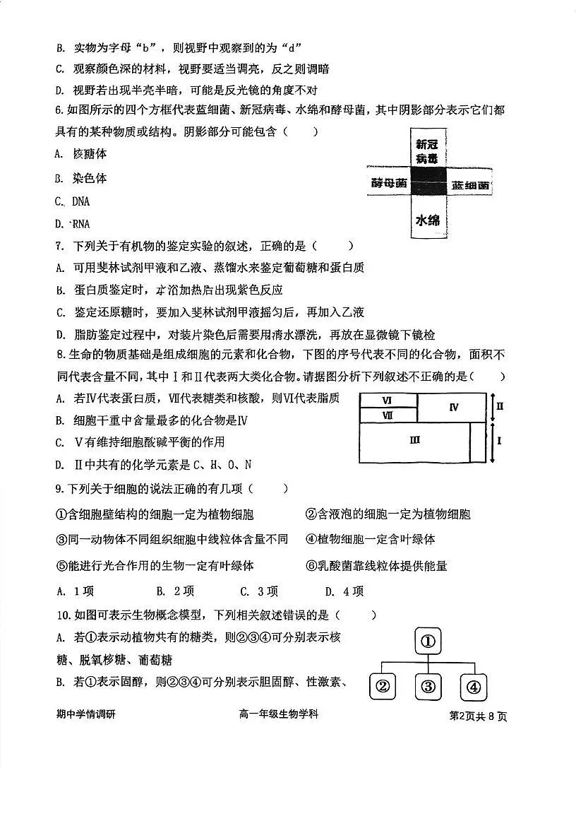天津市和平区耀华中学2025-2026学年高一上学期期中生物试卷第2页