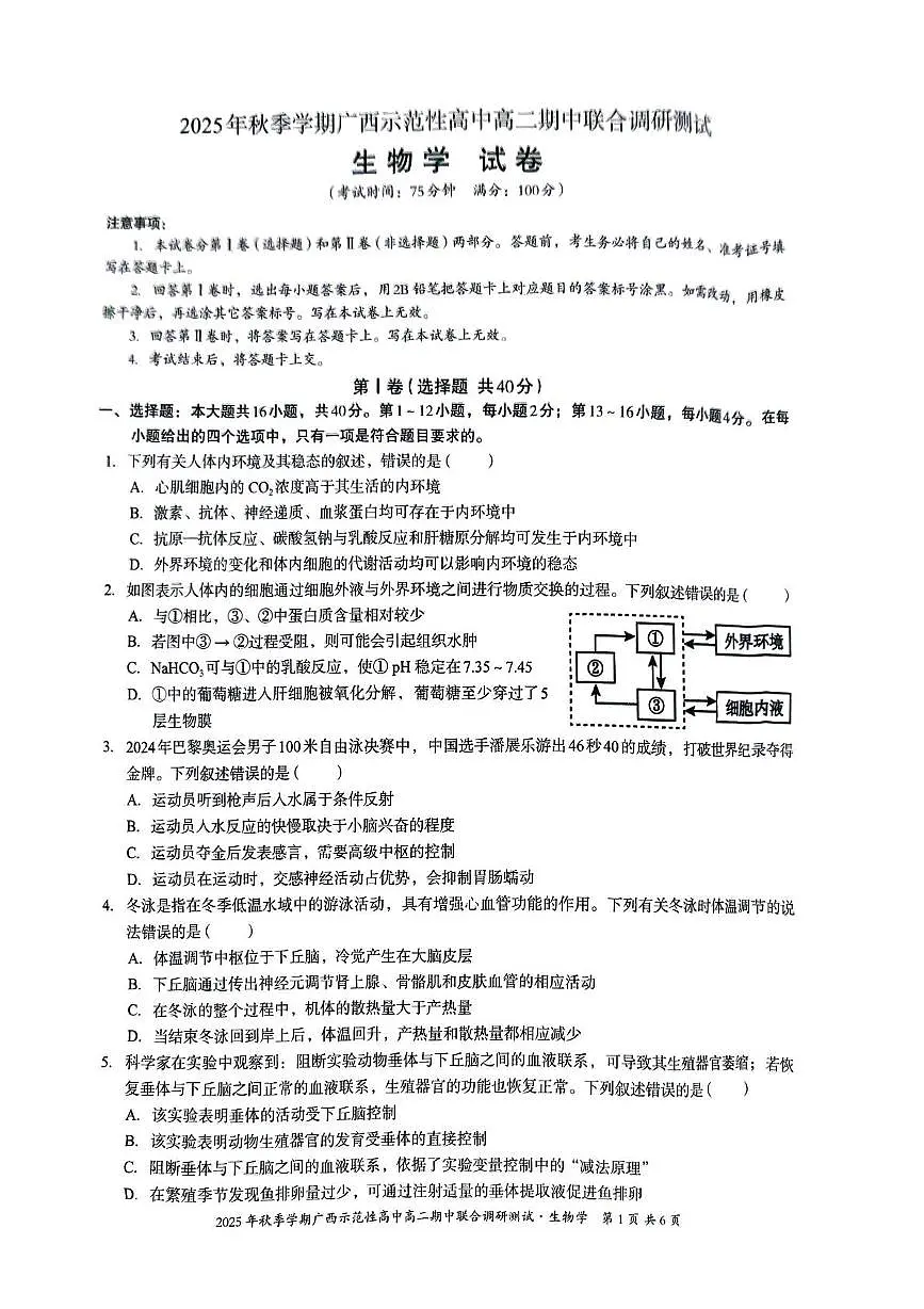 广西示范性高中2025-2026学年高二上学期期中联合调研测试生物试题第1页